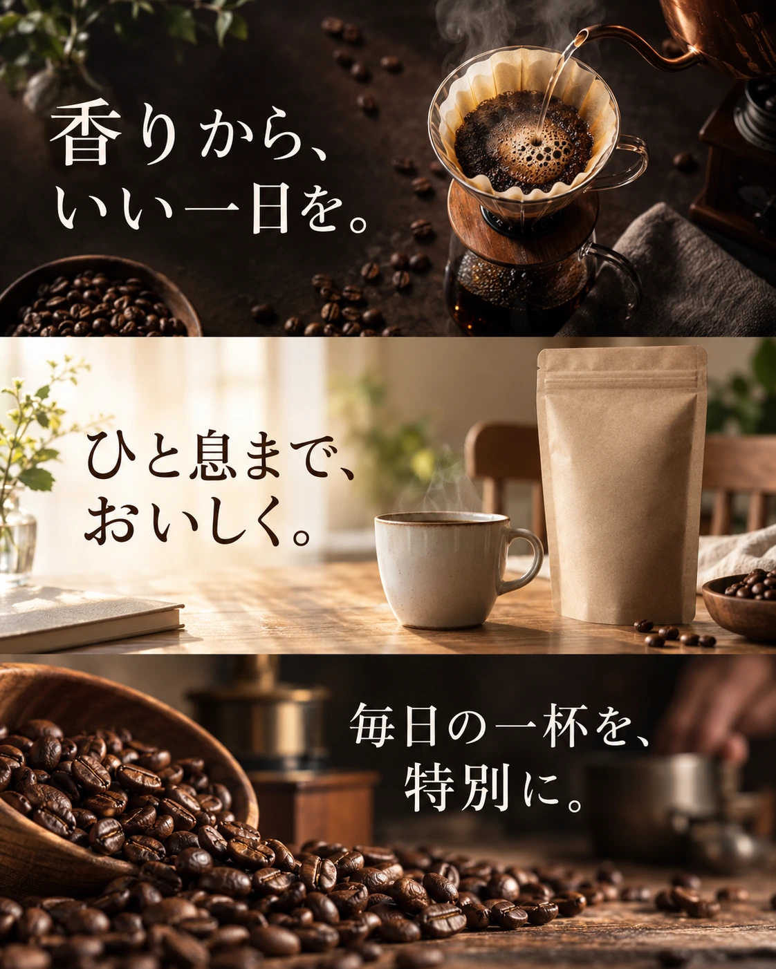 コーヒーの香り・使うシーン・こだわりをひと続きに見せるプレミアムA+のデザイン提案例
