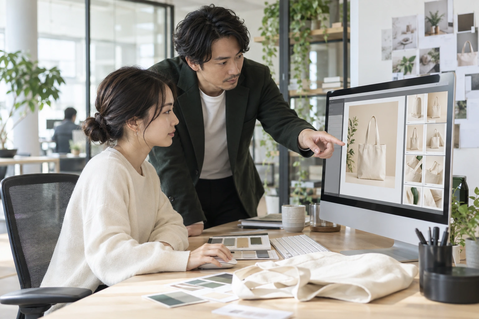 商品画像のデザインを確認する制作チームのイメージ