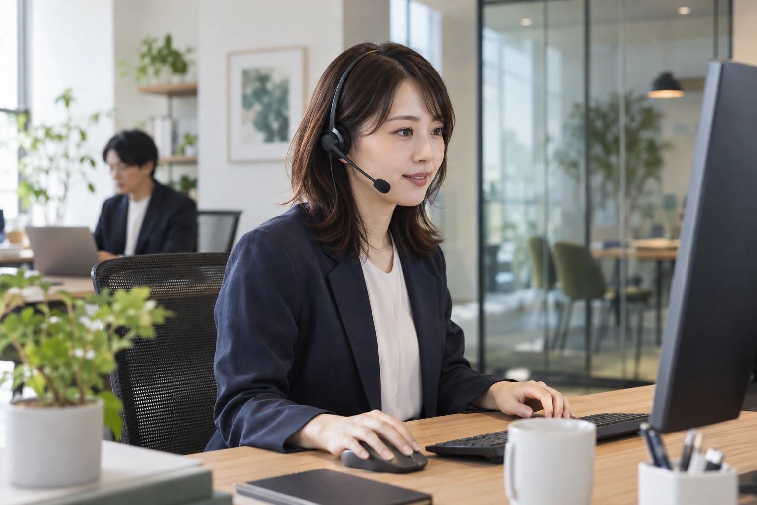 オフィスで商品ページの登録とご相談に対応する担当者のイメージ