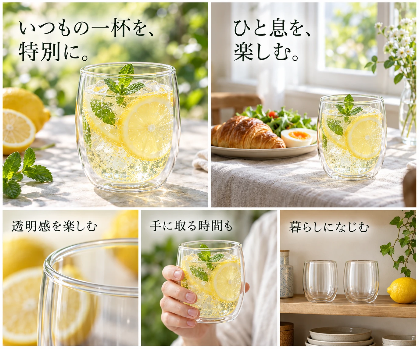 グラスマグの使用シーンや質感を見せるデザイン提案例
